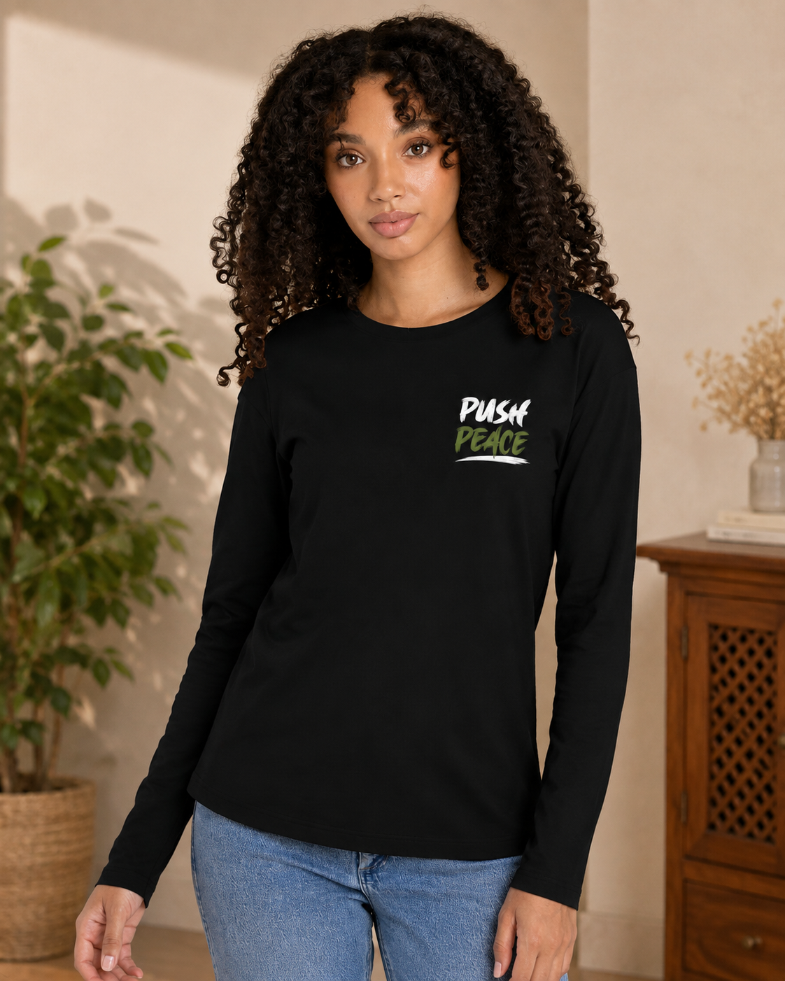 Army Green & White Push Peace Long Sleeve Top