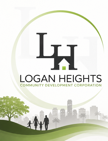 A logo and branding graphic for Logan Heights Community Development Corporation, featuring large stylized 'LH' letters with a house icon inside the right letter, green circular accents, the text 'LOGAN HEIGHTS COMMUNITY DEVELOPMENT CORPORATION,' and a stylized landscape with trees, hills, and a city skyline at the bottom.