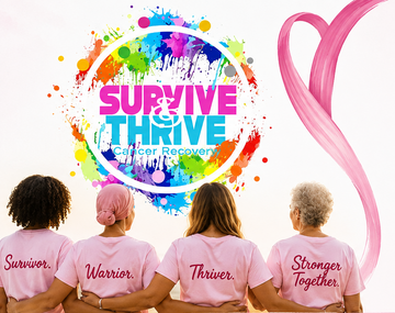 Four women seen from behind wearing matching pink shirts with cancer recovery messaging, standing together in front of a colorful painted circle that reads 'Survive Thrive Cancer Recovery' and a large pink heart on a white background.